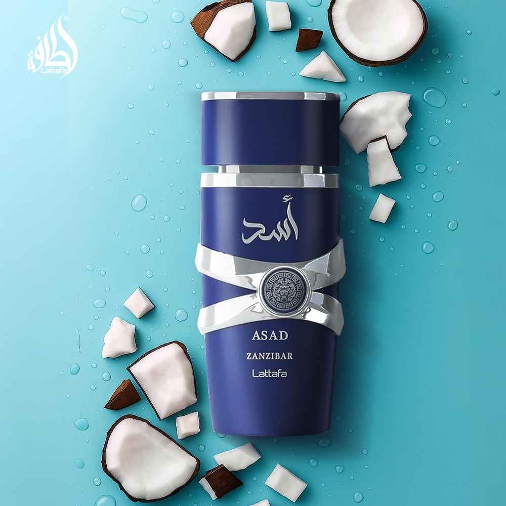 Lattafa Asad Zanzibar, envase 100 ml, formato práctico para viajar.