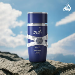 Lattafa Asad Zanzibar, nota media coco salado iris, centro suave y elegante.