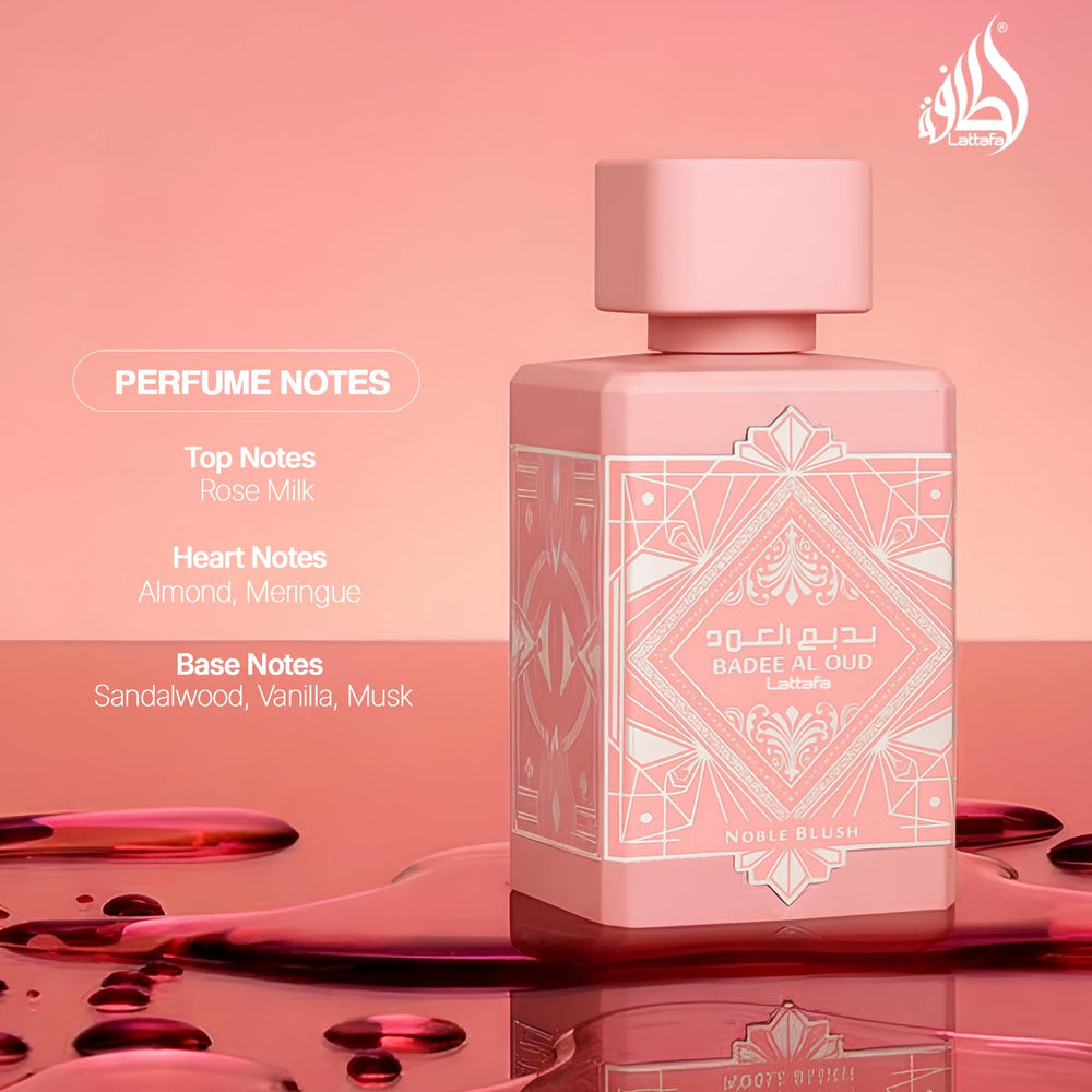 Lattafa Bade'e Al Oud Noble Blush base Sándalo, Vainilla y Musk, cálida y envolvente.