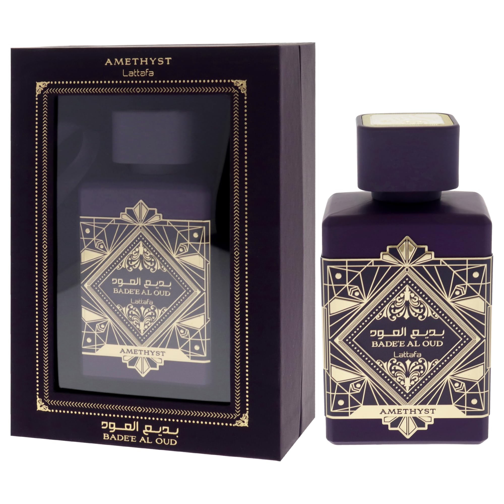 Lattafa Bade'e Al Oud Amethyst bottle emits amber hue for cozy evenings.