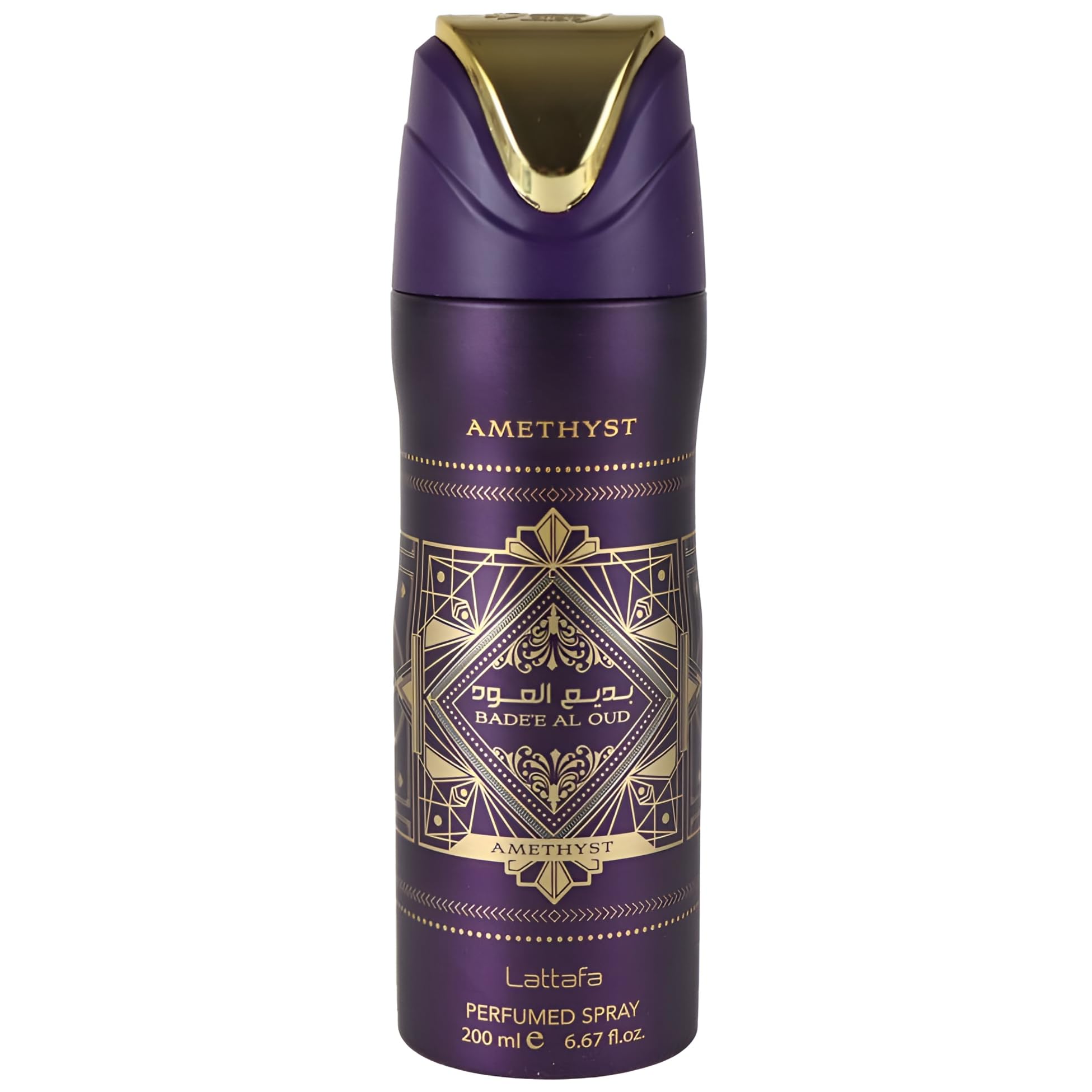 Lattafa Badee Al Oud Amethyst, botella elegante para aroma duradero todo el día.