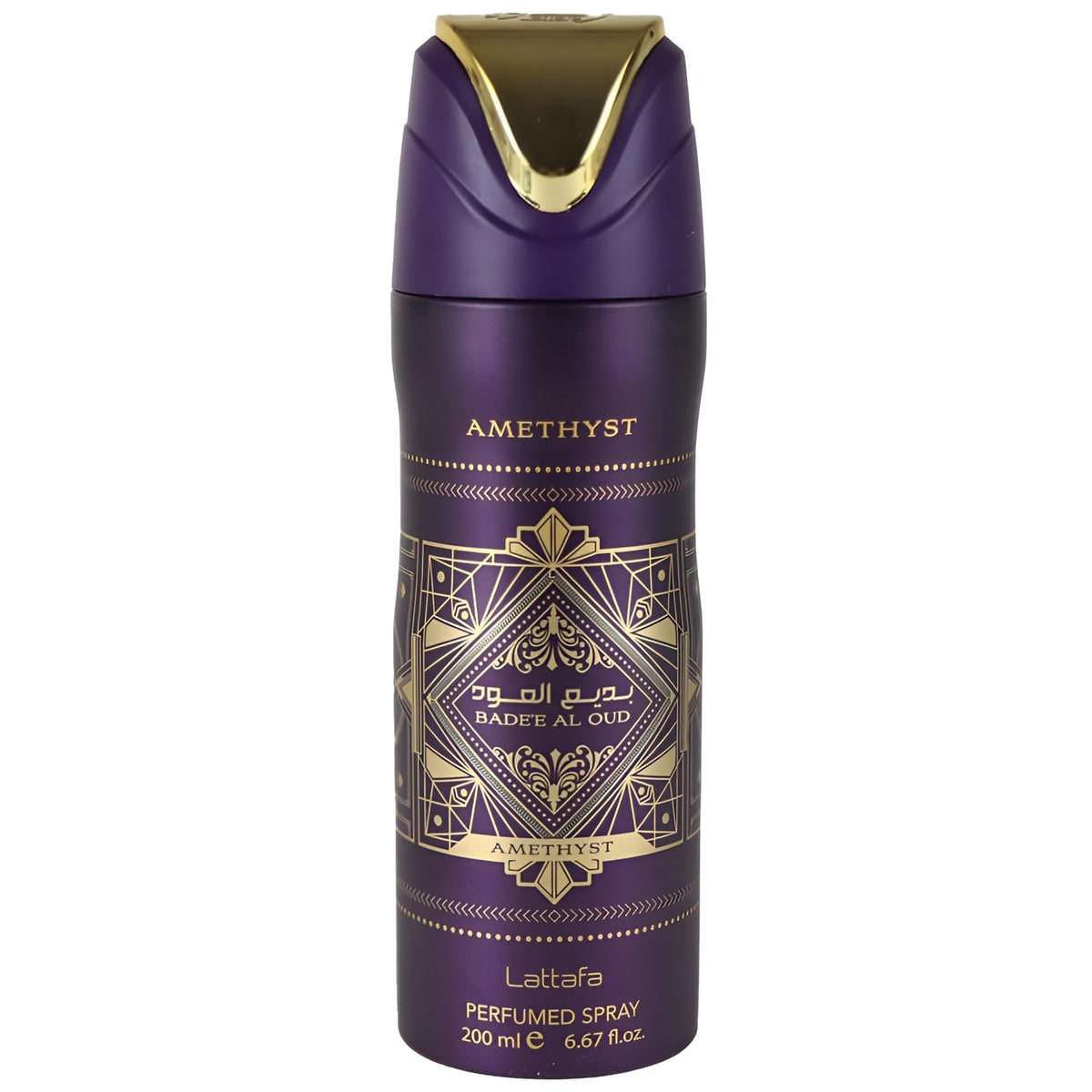 Lattafa Badee Al Oud Amethyst, botella elegante para aroma duradero todo el día.