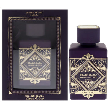 Lattafa Bade'e Al Oud Amethyst bottle front, unisex fragrance for daily wear and special occasions.