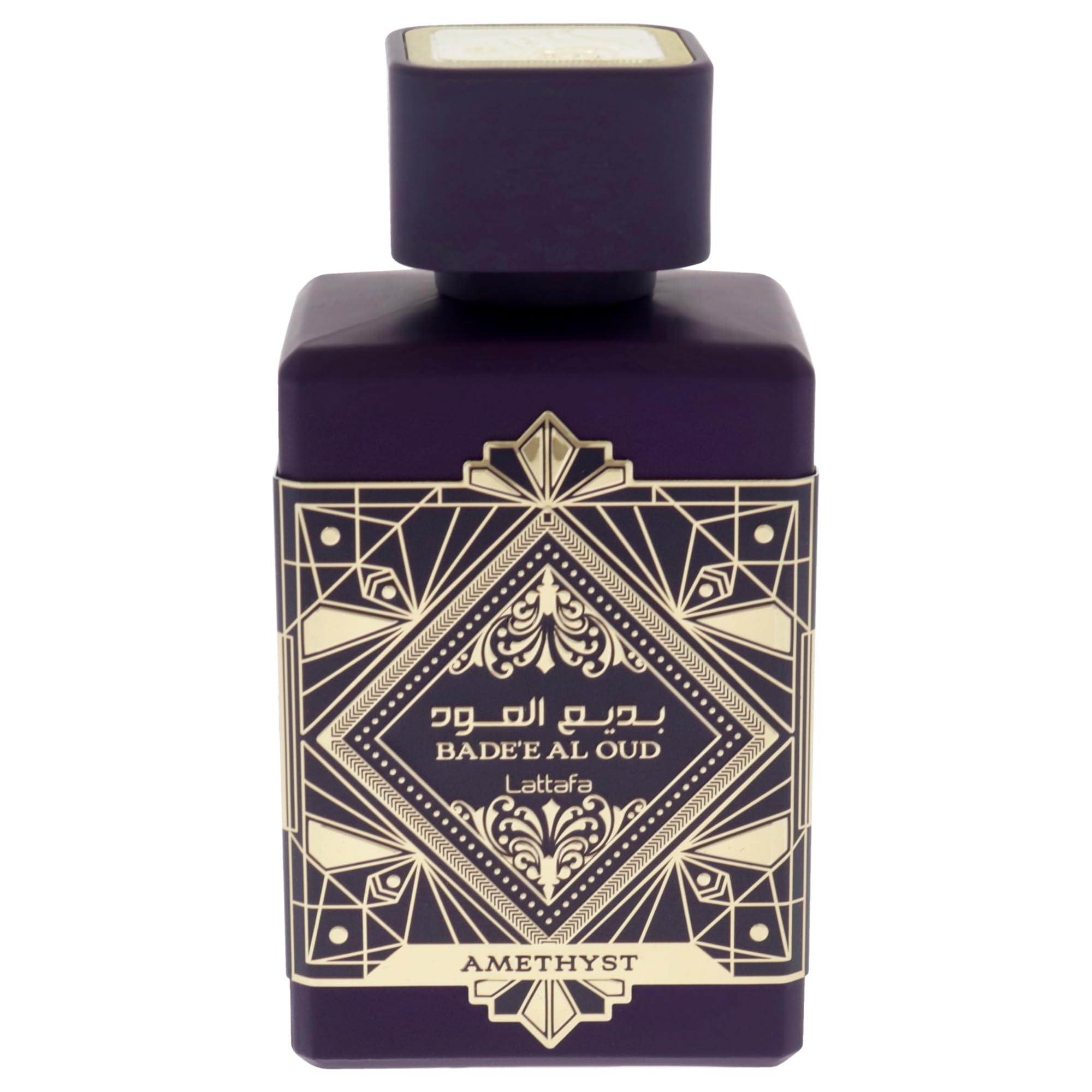 Lattafa Bade'e Al Oud Amethyst bottle top view highlights warm amber-vanilla tones.