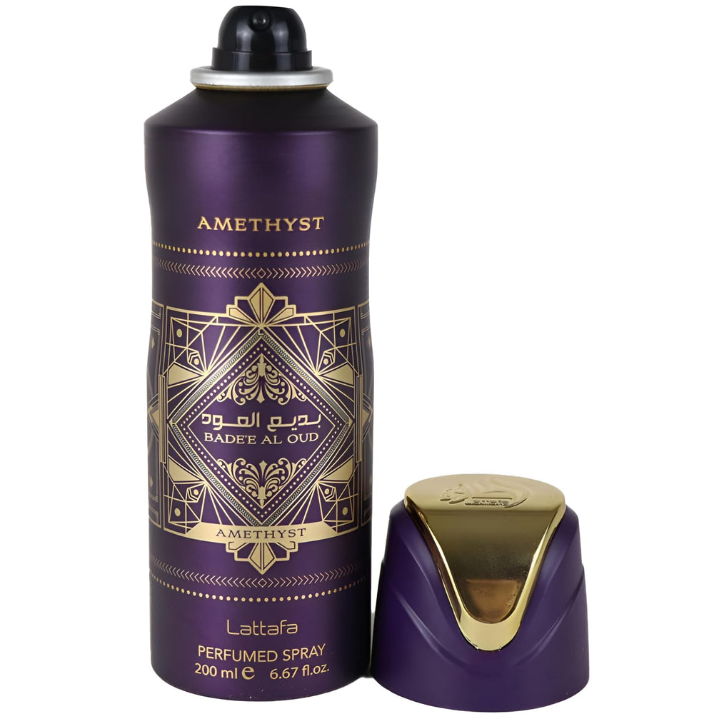 Lattafa Badee Al Oud Amethyst, detalle de notas aromáticas para perfume floral y especiado.