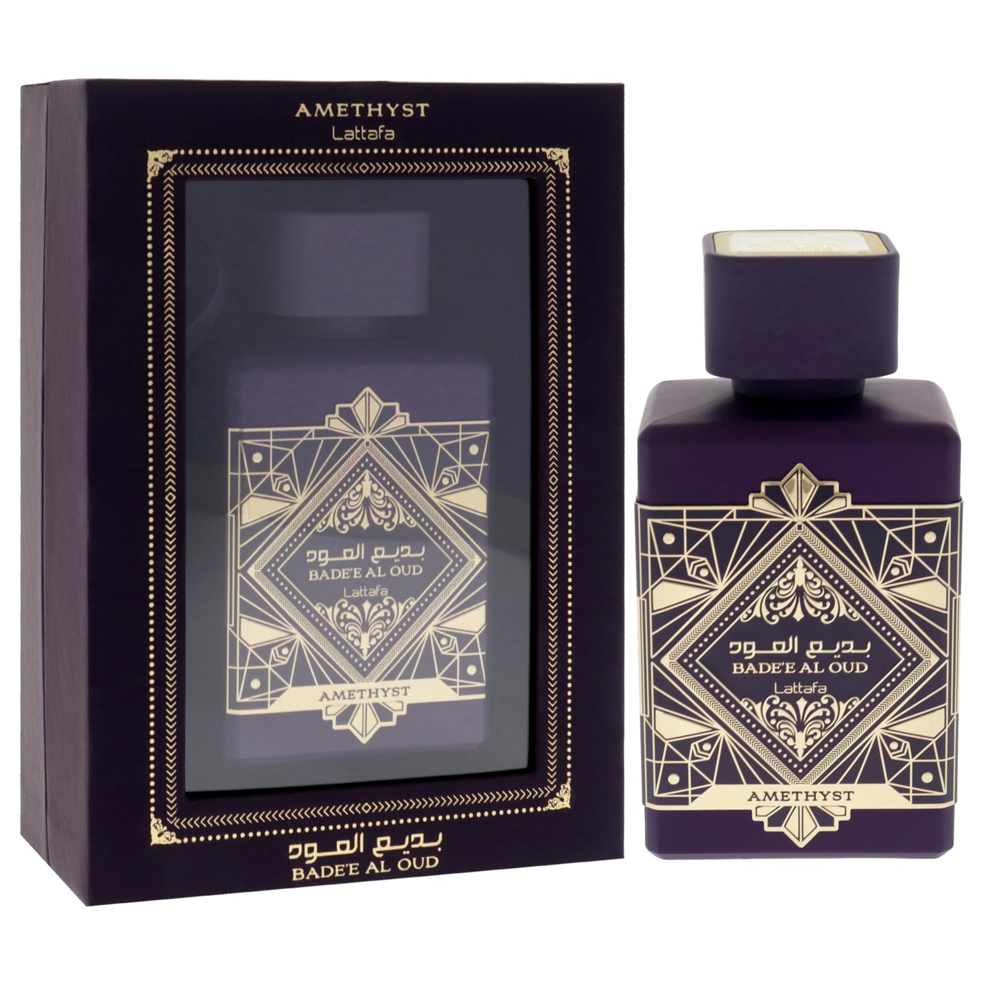 Lattafa Bade'e Al Oud Amethyst close-up of label signals premium fragrance.