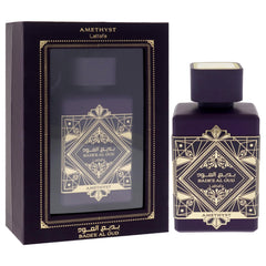 Lattafa Bade'e Al Oud Amethyst close-up of label signals premium fragrance.