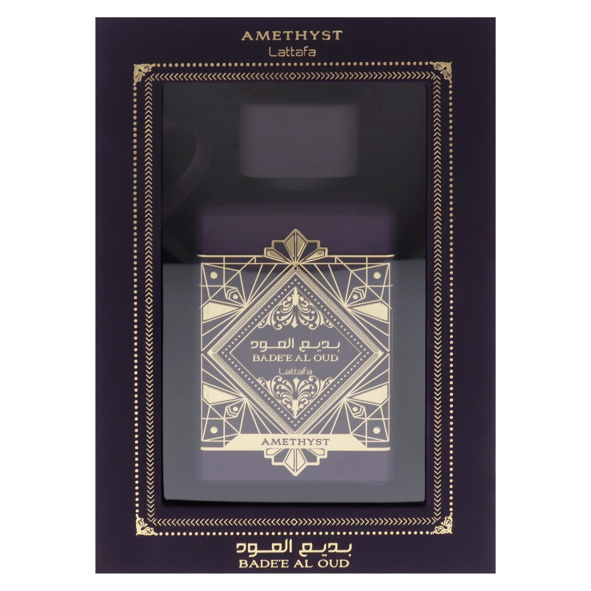 Lattafa Bade'e Al Oud Amethyst packaging box suggests gift-ready luxury.