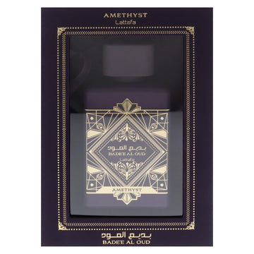 Lattafa Bade'e Al Oud Amethyst packaging box suggests gift-ready luxury.