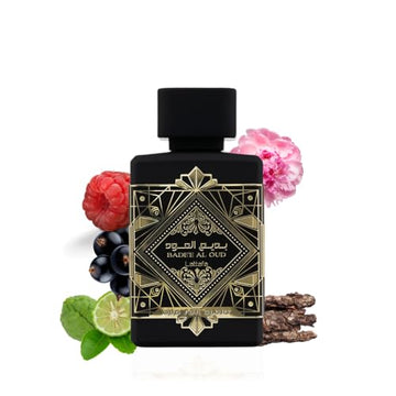 Lattafa Bade’e Al Oud etiqueta-detalle, empaque elegante que sugiere lujo oriental