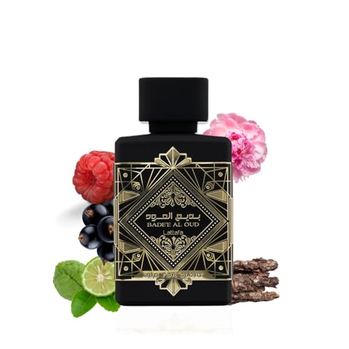 Lattafa Bade’e Al Oud etiqueta-detalle, empaque elegante que sugiere lujo oriental