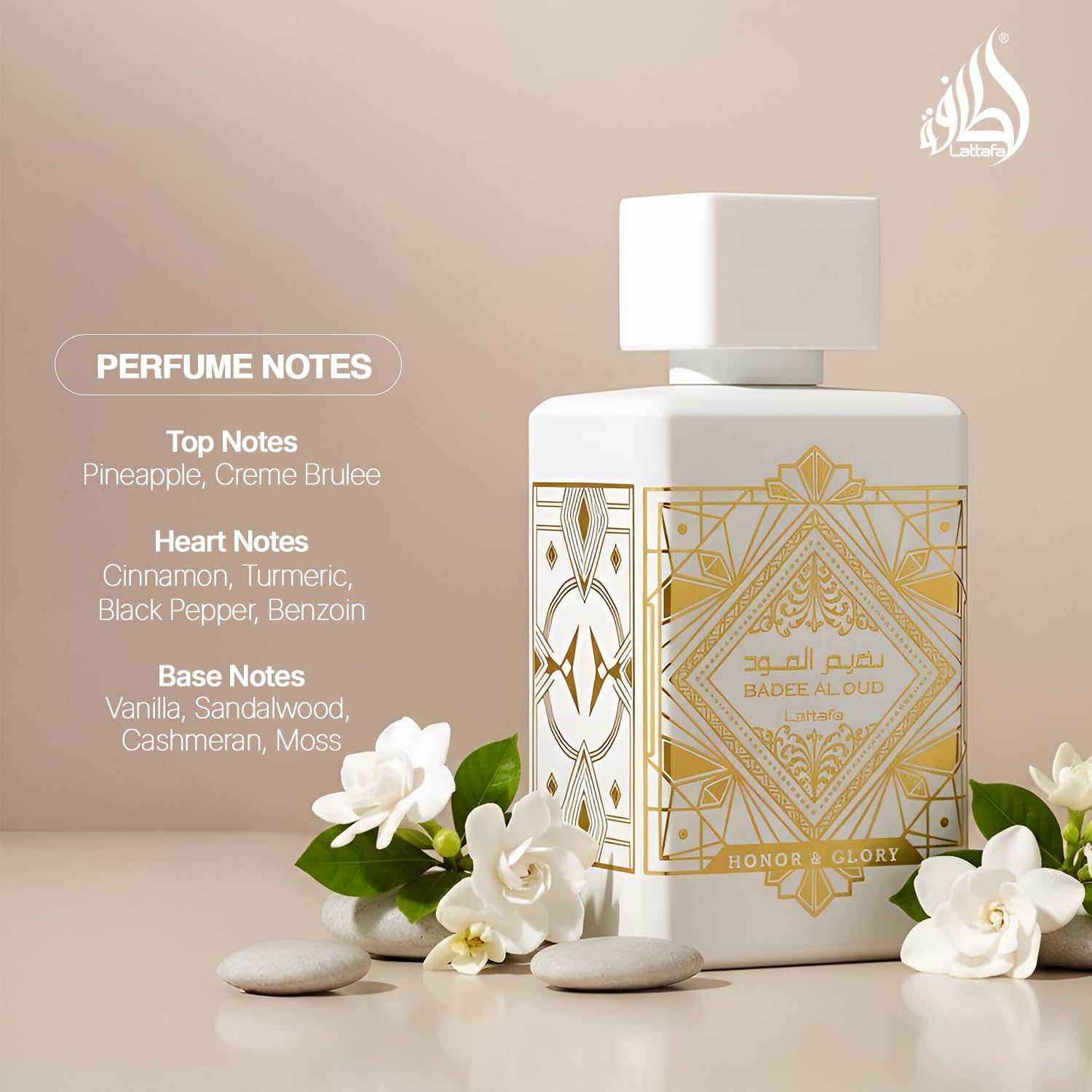 Notas top de Lattafa Badee Al Oud Honor & Glory: piña y crème brûlée