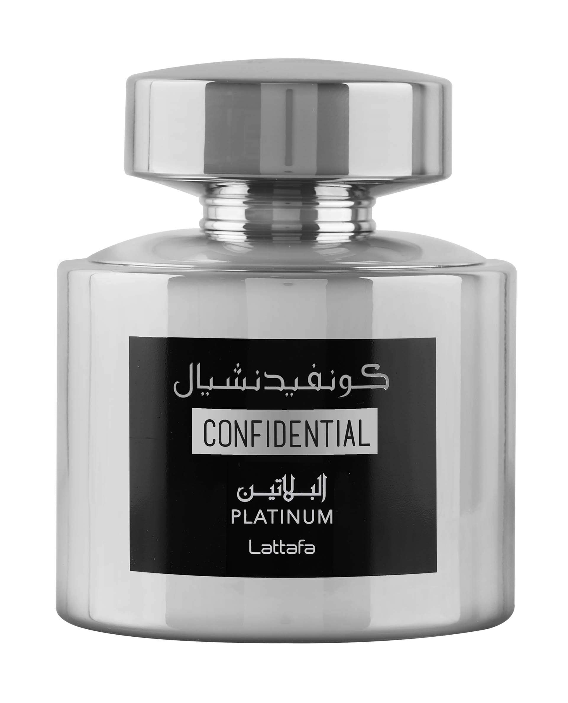 Lattafa Confidential Platinum: botella frontal, aroma duradero para uso diario