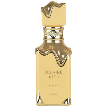 Lattafa Eclaire Banoffi, vista frontal de la botella, aroma audaz para ocasiones especiales.