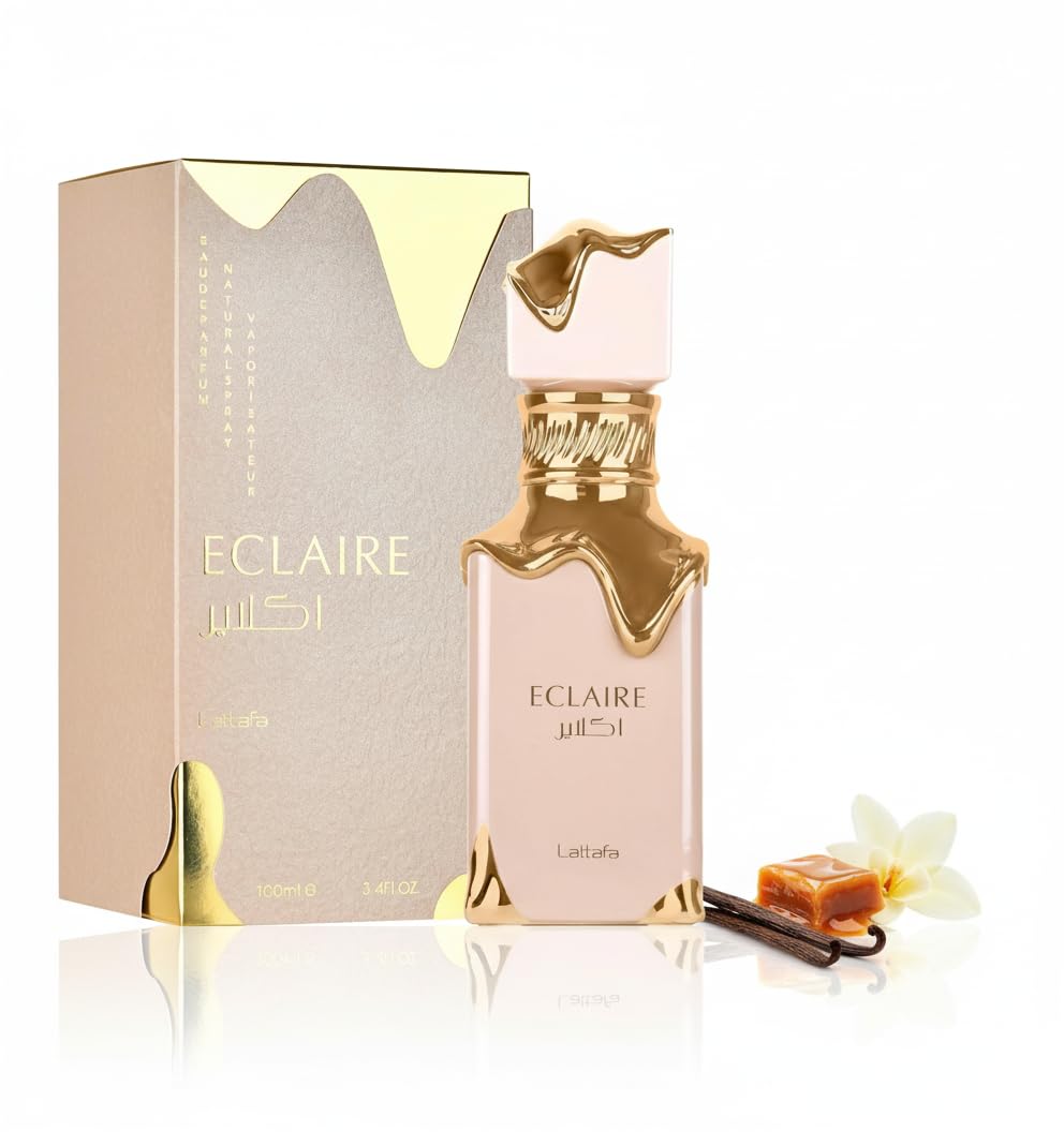 Lattafa Eclaire: botella de perfume elegante para uso diario y sofisticación.