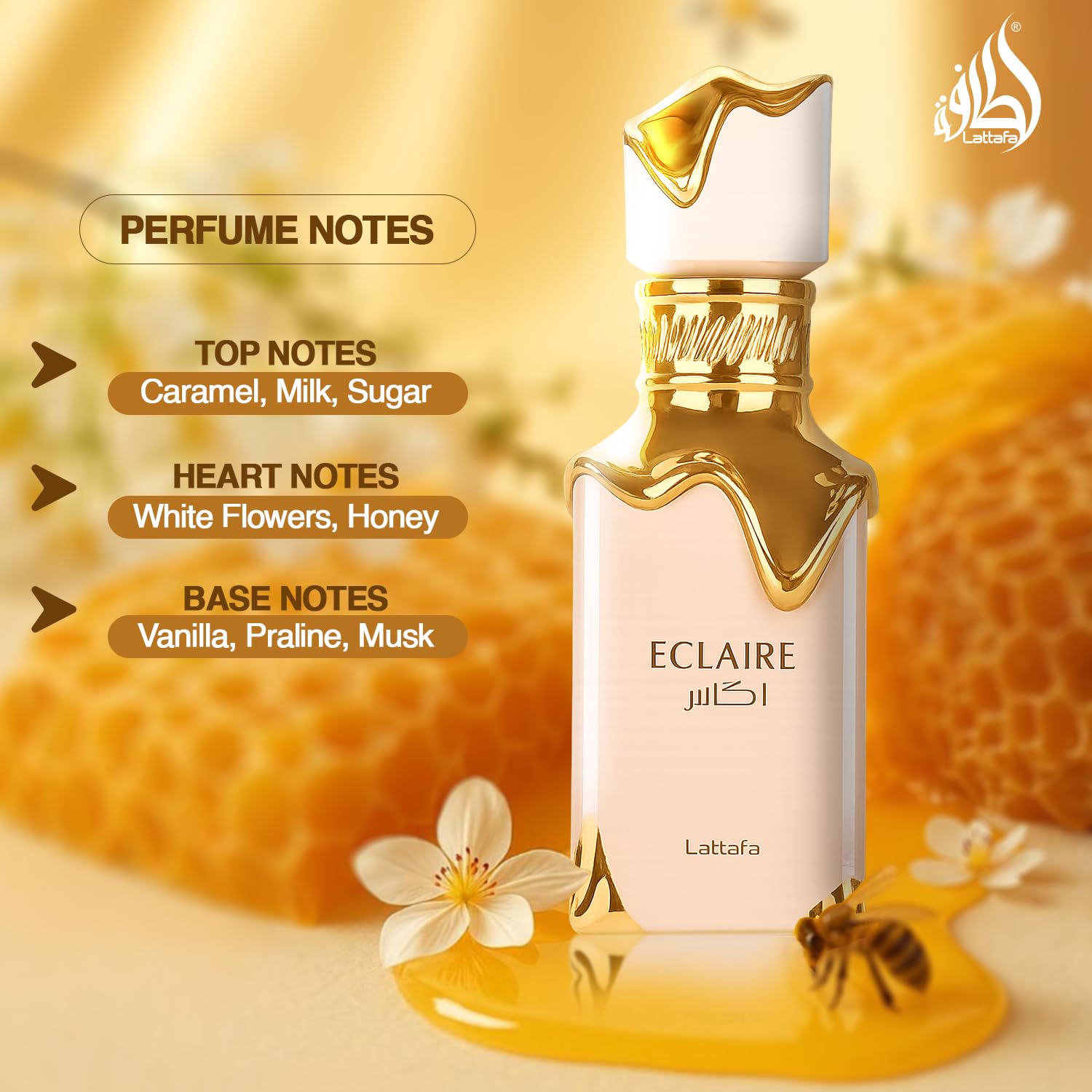 Lattafa Eclaire: notas de fondo con vainilla, pralina y musk para una base cálida.