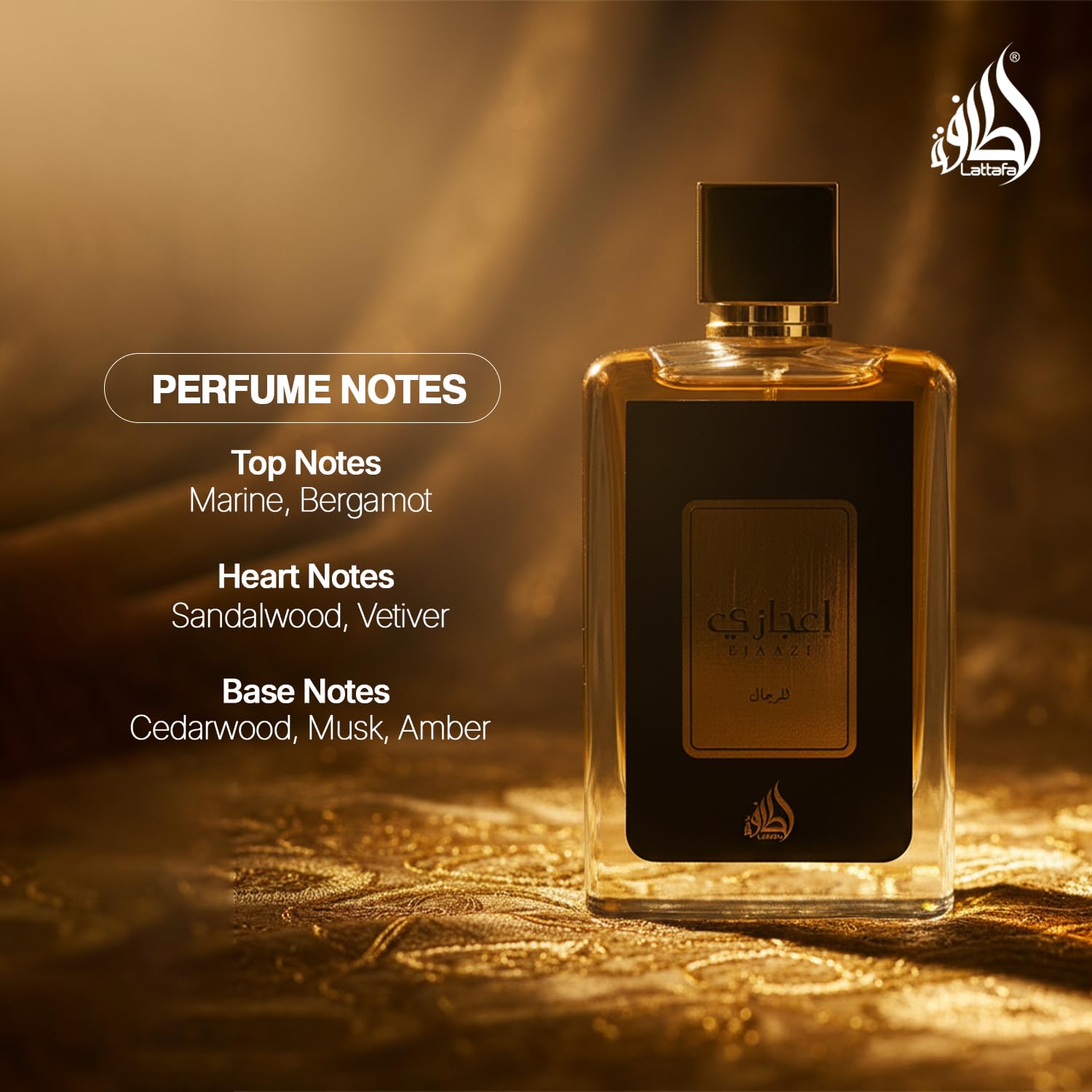 Lattafa Ejaazi corazón sándalo y vetiver, calidez elegante