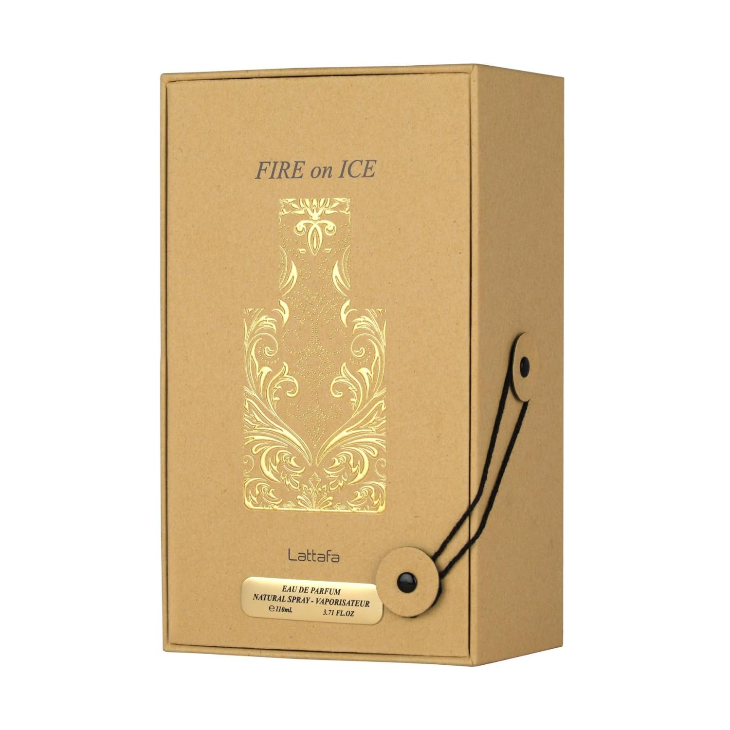 Lattafa Fire On Ice, empaque externo, excelente para exhibición y compra.