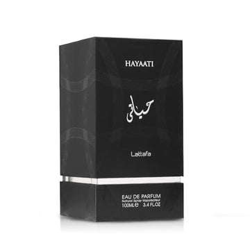 Lattafa Hayaati: envase destacado para colección de fragancias masculinas.