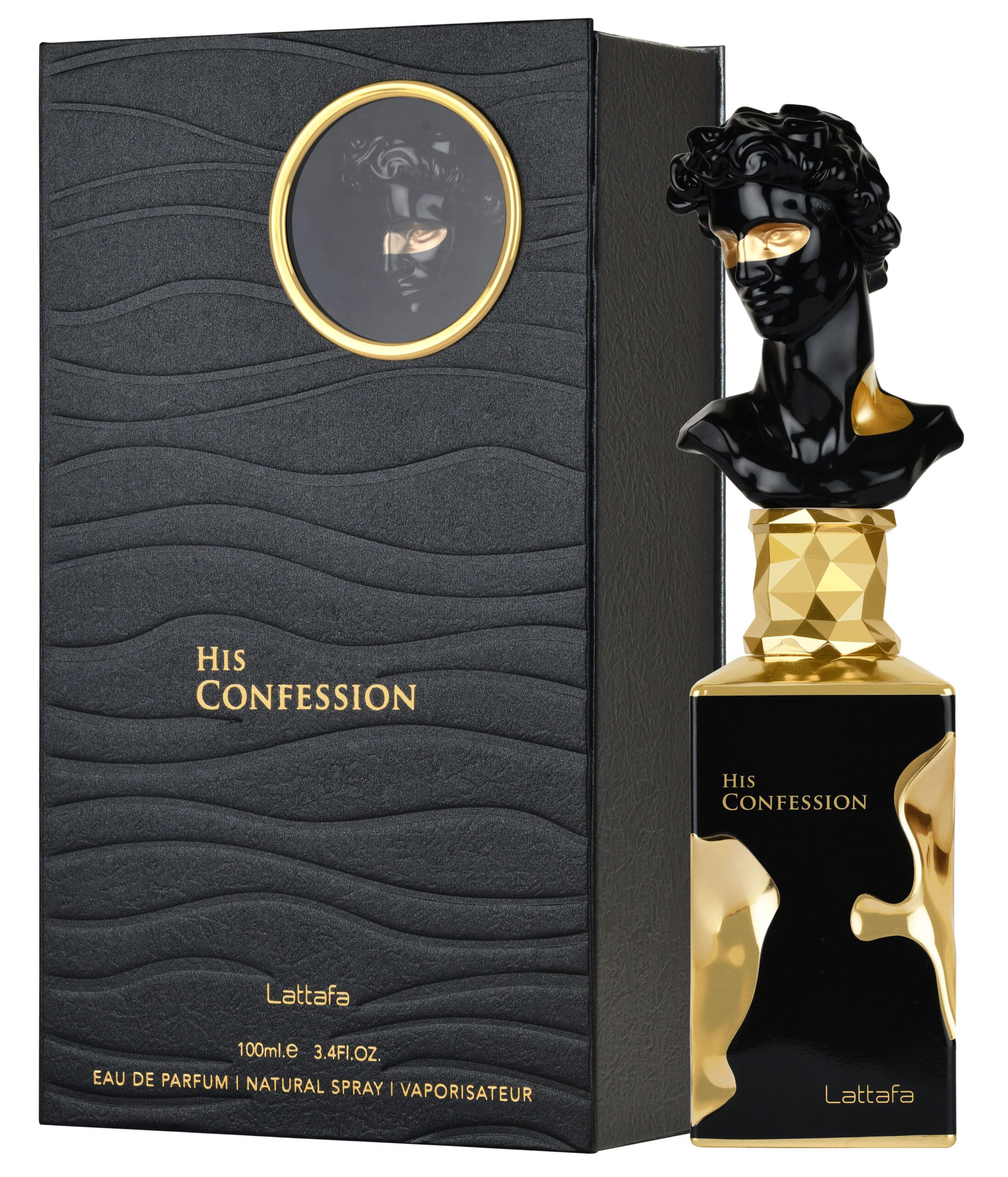 Lattafa His Confession empaque caja, experiencia de presencia y regalo refinado