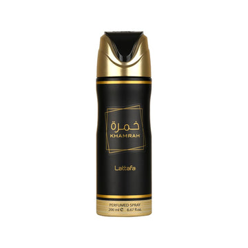Lattafa Khamrah desodorante perfumado en frasco; aroma duradero para todo el día.