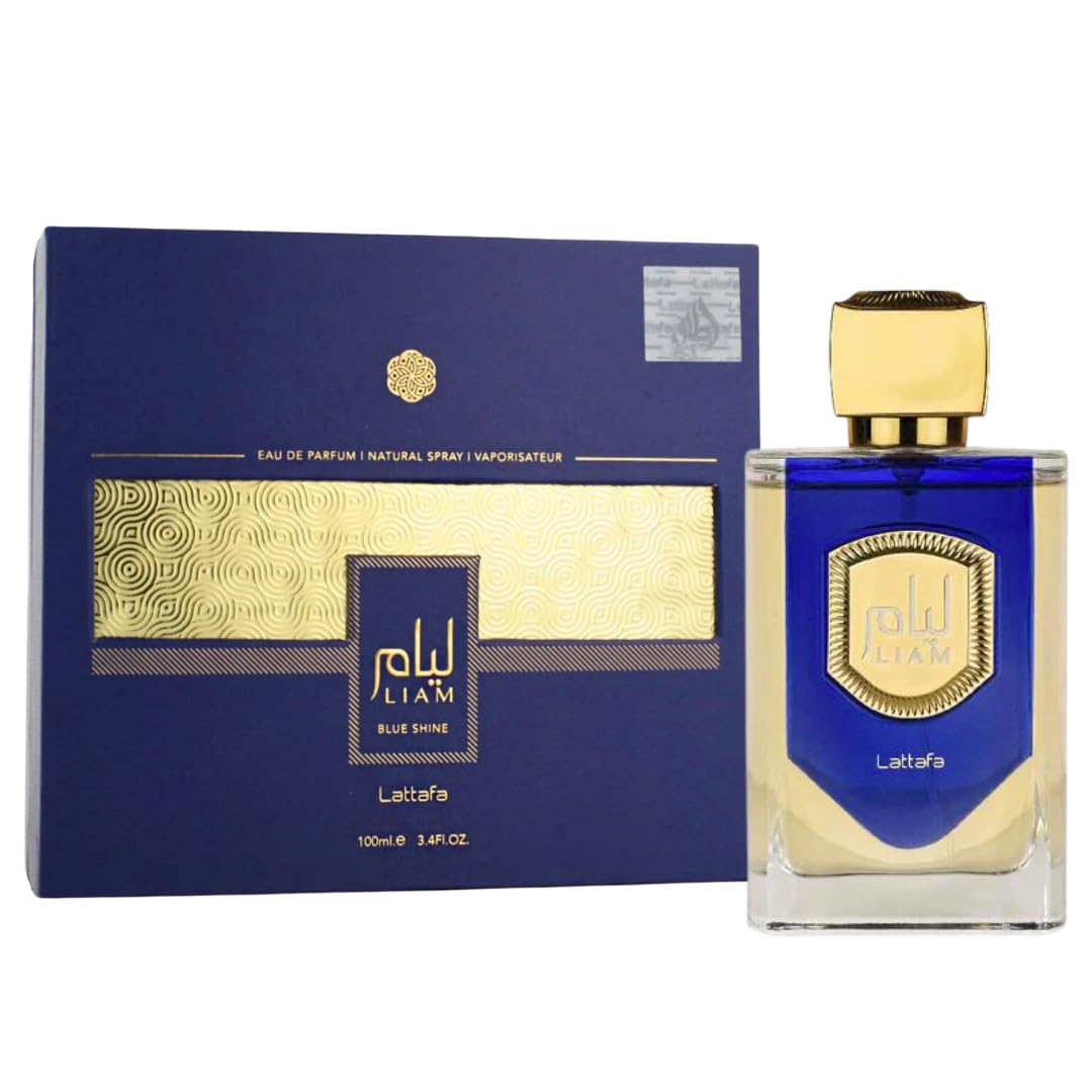 Lattafa Liam Blue Shine: botella frontal con diseño elegante para cualquier ocasión