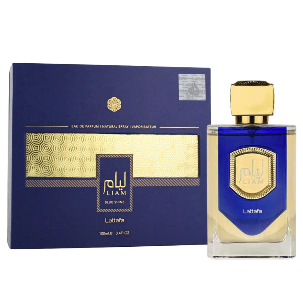Lattafa Liam Blue Shine: botella frontal con diseño elegante para cualquier ocasión