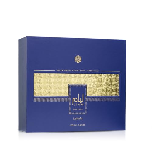 Lattafa Liam Blue Shine botella lateral, diseño unisex cómodo de llevar