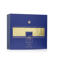 Lattafa Liam Blue Shine botella lateral, diseño unisex cómodo de llevar