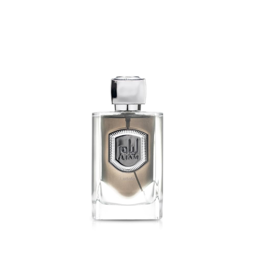 Lattafa Liam Grey, botella frontal, aroma versátil para uso diario.