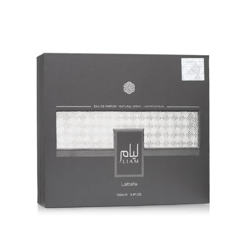 Lattafa Liam Grey, detalle de etiqueta sofisticado, ideal para regalos o presentaciones.