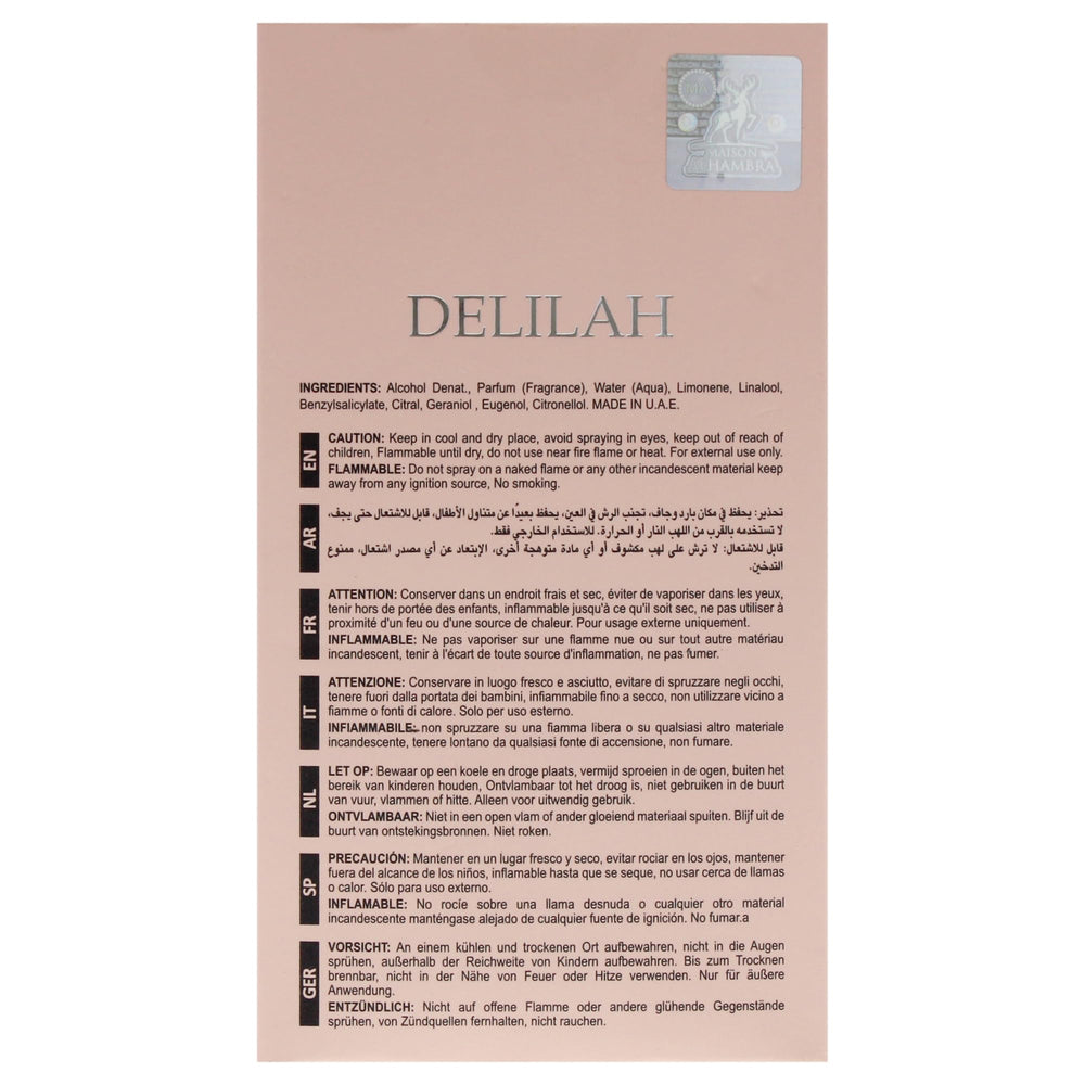 Lattafa Maison Alhambra Delilah, sobre empaque, regalo elegante para ocasiones especiales.