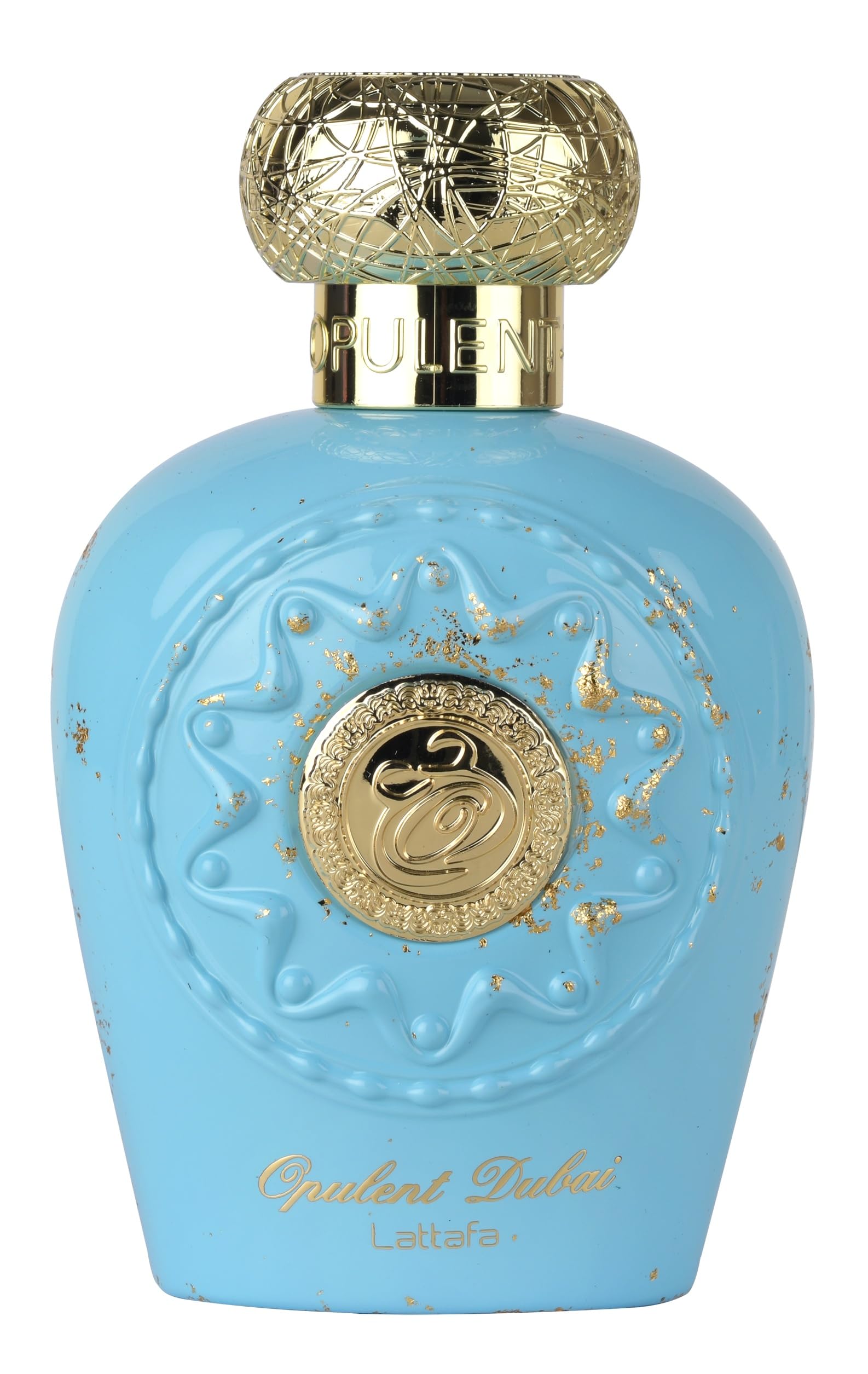 Lattafa Opulent Dubai, botella dorada, aroma duradero para uso diario.