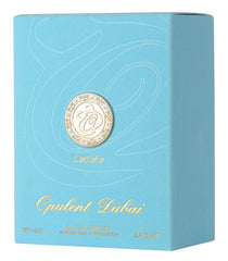 Lattafa Opulent Dubai, etiqueta externa, presentación lujosa para estantería.
