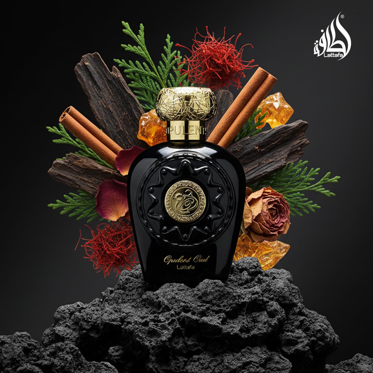 Lattafa Opulent Oud, detalle del envase que sugiere lujo.