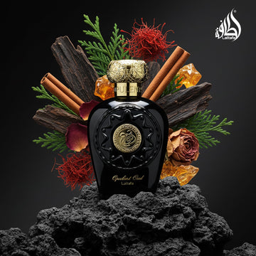 Lattafa Opulent Oud, detalle del envase que sugiere lujo.