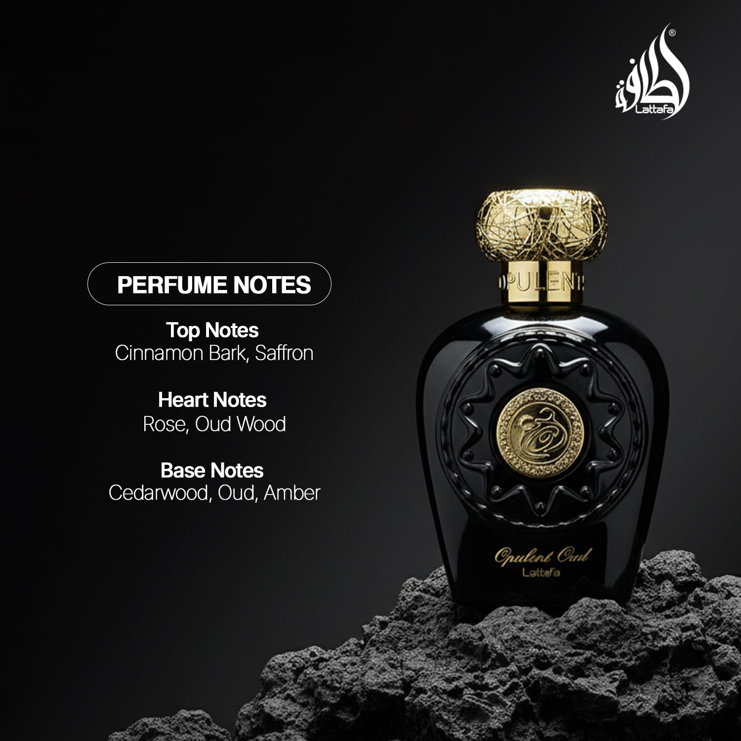 Lattafa Opulent Oud, base de resinas, maderas y vainilla duradera.