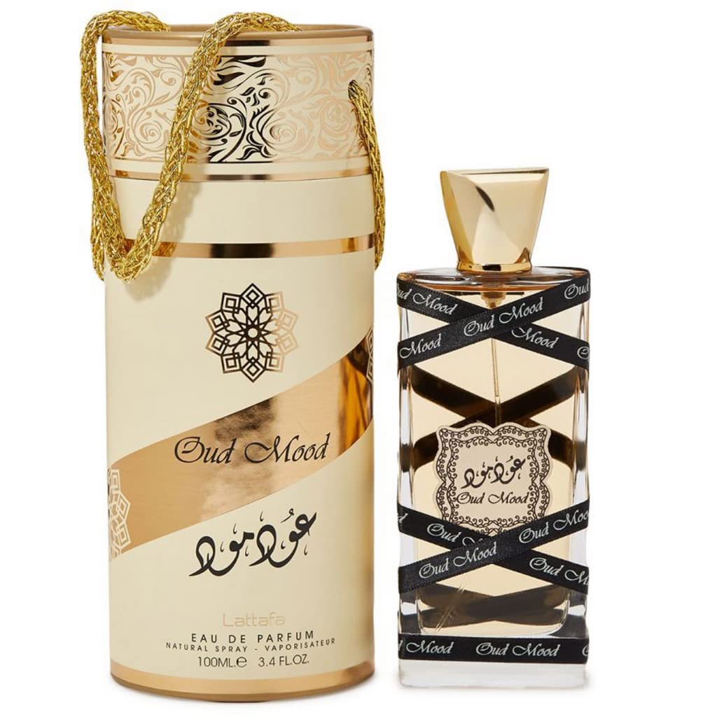 Lattafa Oud Mood con notas superiores de safrán y florales para momentos especiales.