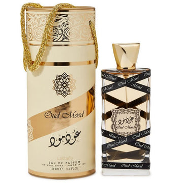 Lattafa Oud Mood con notas superiores de safrán y florales para momentos especiales.