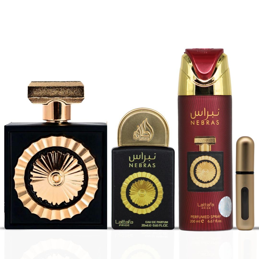 Lattafa Pride Nebras empaque elegante en set regalo para ocasiones especiales.