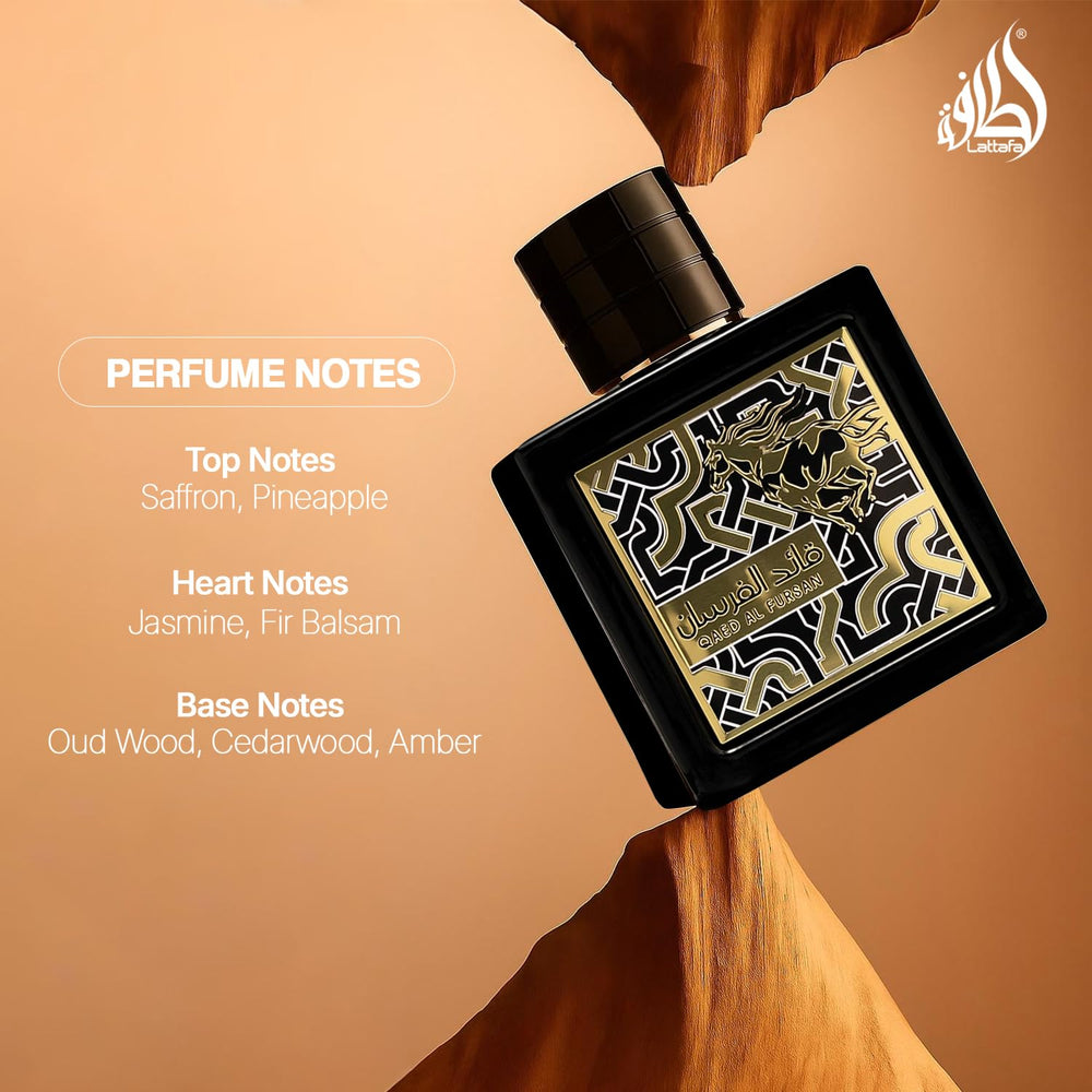 Lattafa Qaed Al Fursan, empaque caja, diseño premium ideal para regalo.