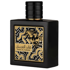 Lattafa Qaed Al Fursan, tapón dorado, detalle elegante para coleccionistas.