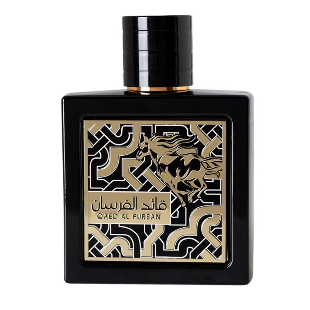 Lattafa Qaed Al Fursan, etiqueta y frasco, aroma único para cualquier ocasión.