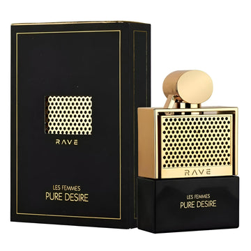 Lattafa Rave Pure Desire Gold empaque dorado, regalo sofisticado para amantes de fragancias.