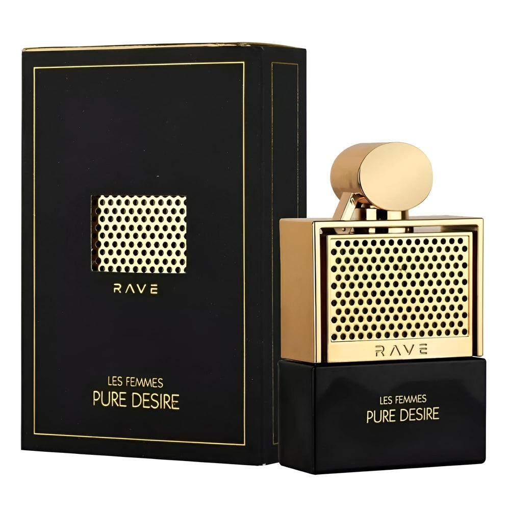 Lattafa Rave Pure Desire Gold empaque dorado, regalo sofisticado para amantes de fragancias.