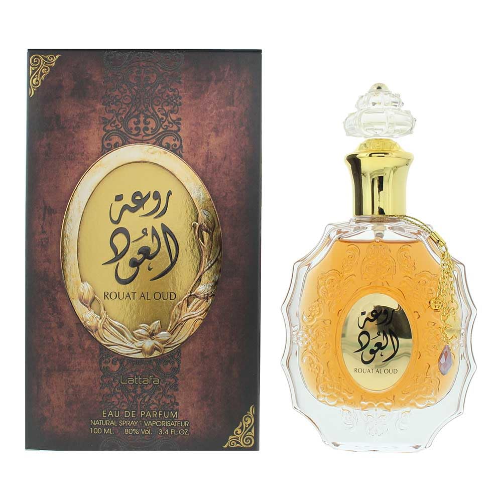 Lattafa Rouat Al Oud, botella frontal destaca diseño elegante para uso diario.