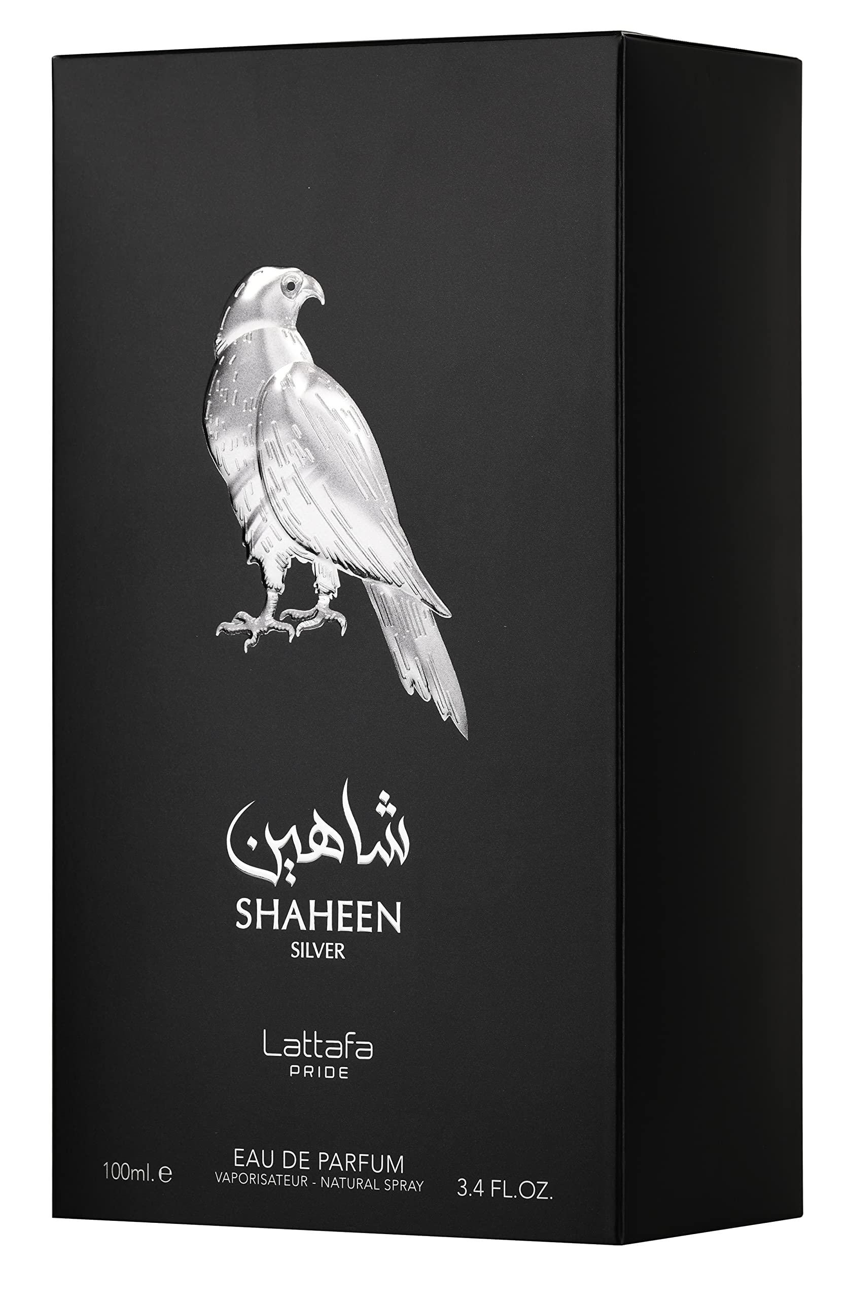 Lattafa Shaheen Silver: detalle de la etiqueta, calidad que inspira.
