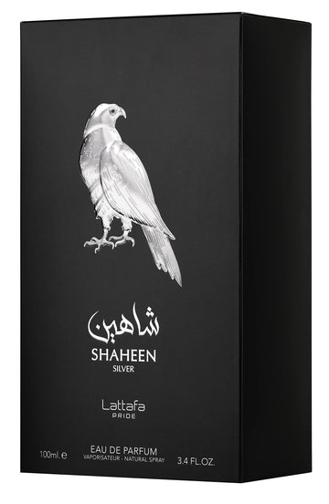 Lattafa Shaheen Silver: detalle de la etiqueta, calidad que inspira.