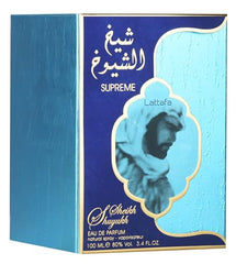 Lattafa Sheikh Al Shuyukh Supreme, primer plano de notas, uso nocturno duradero recomendado.