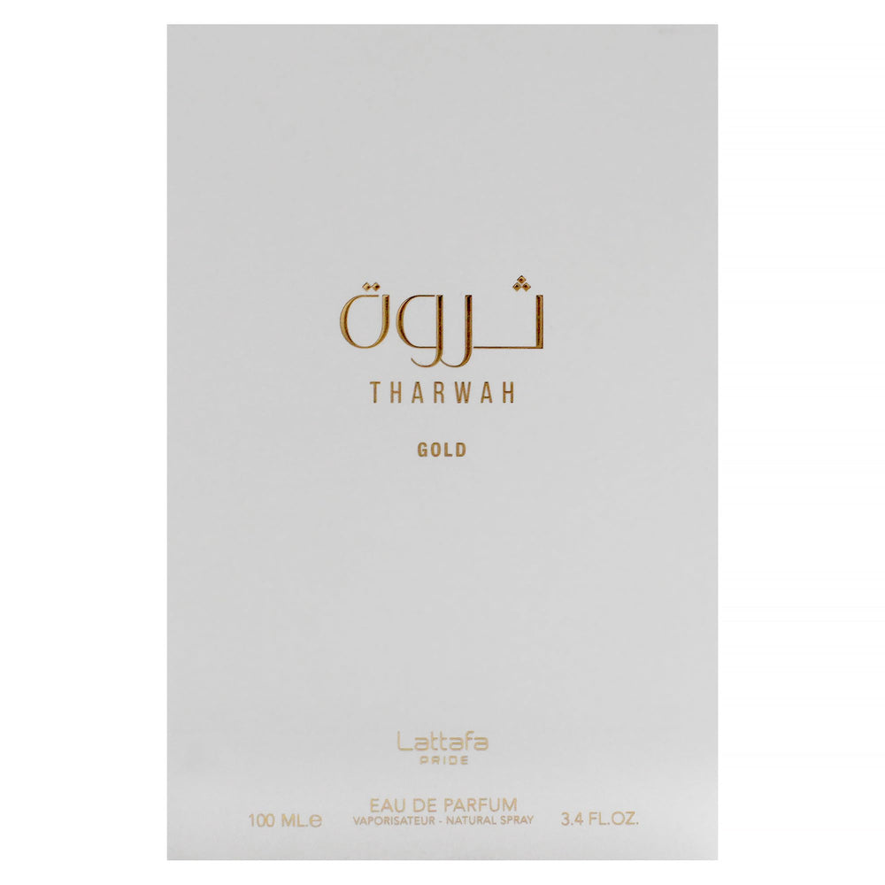 Lattafa Tharwah Gold, etiqueta frasco, revela notas florales y dulces para diario.